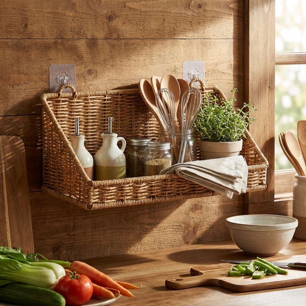 Imitation Rattan Woven Hanging Basket Wall-Mounted Storage Hamper Grocery Basket  Living Room