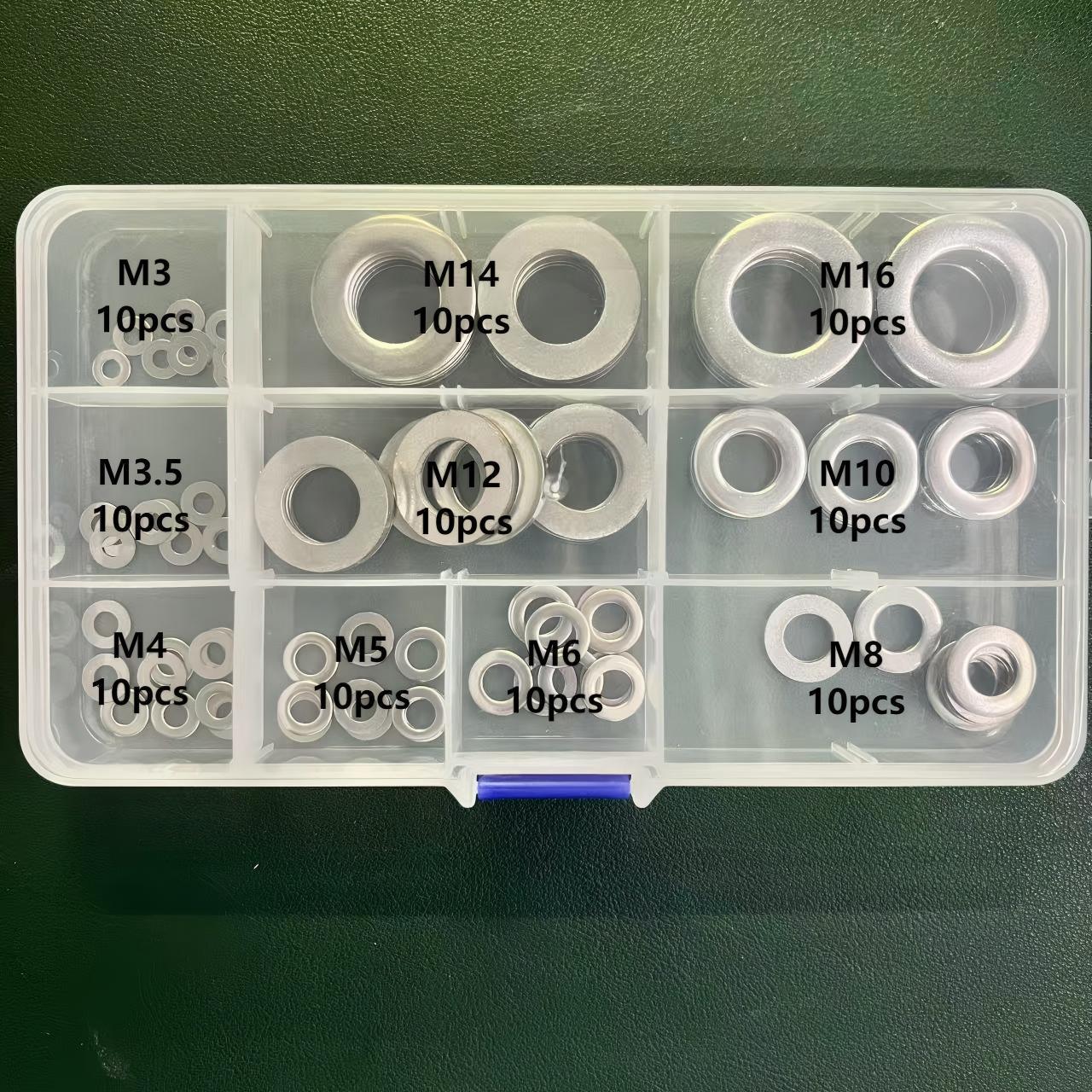 304 Stainless Steel Flat Washer Set DIN125 (M3-M16), 100PCS