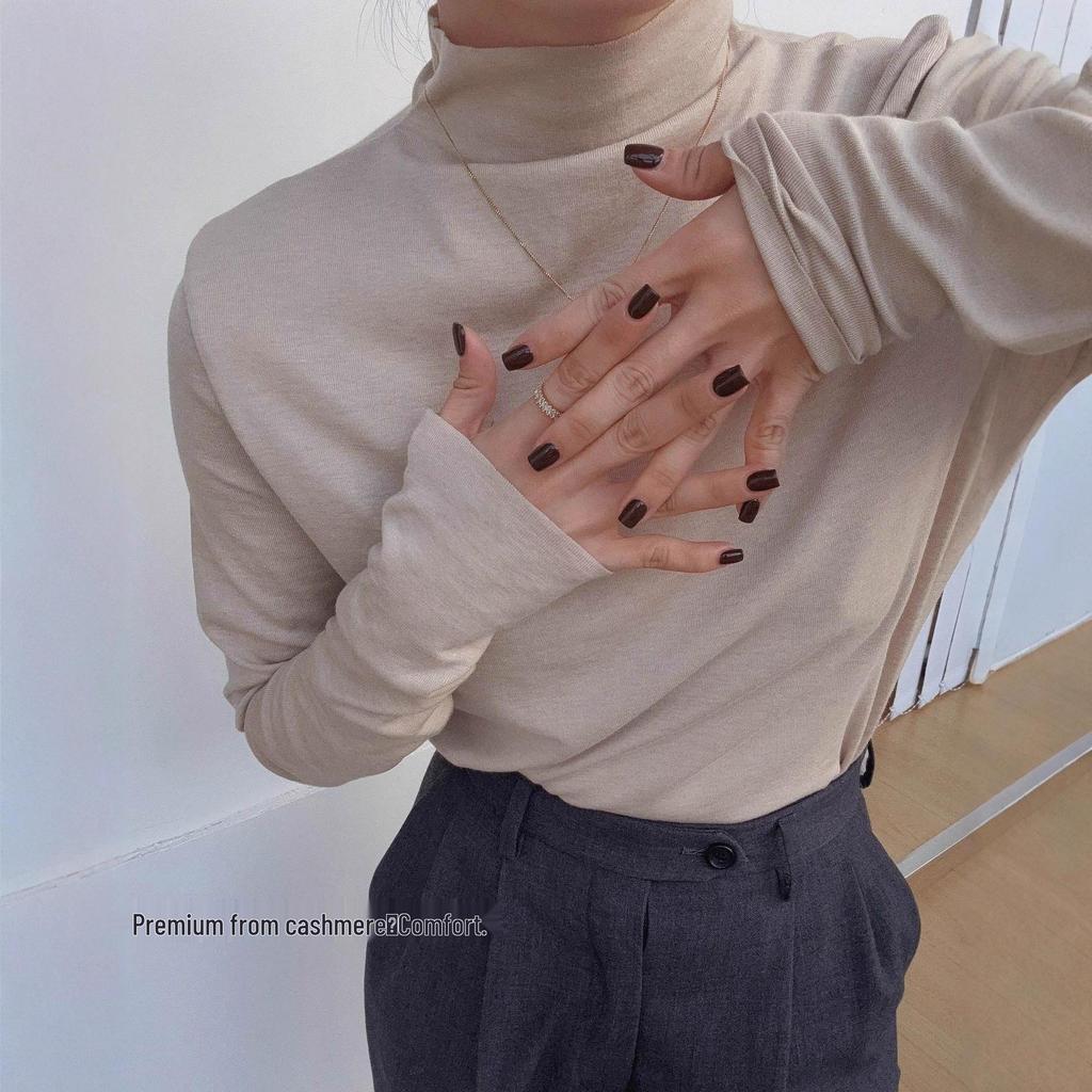 Women's Cashmere Semi-High Neck Long-Sleeve Slimming Top - Autumn/Winter Versatile Solid Color Innerwear