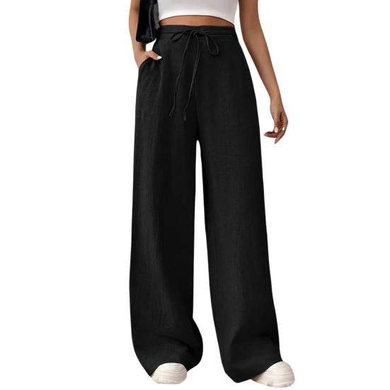 

Women Pants Loose Fit Elastic Waist Straight Wide Leg Casual Pants with Pockets Pure Color Work Travel Trousers Daily M чёрный