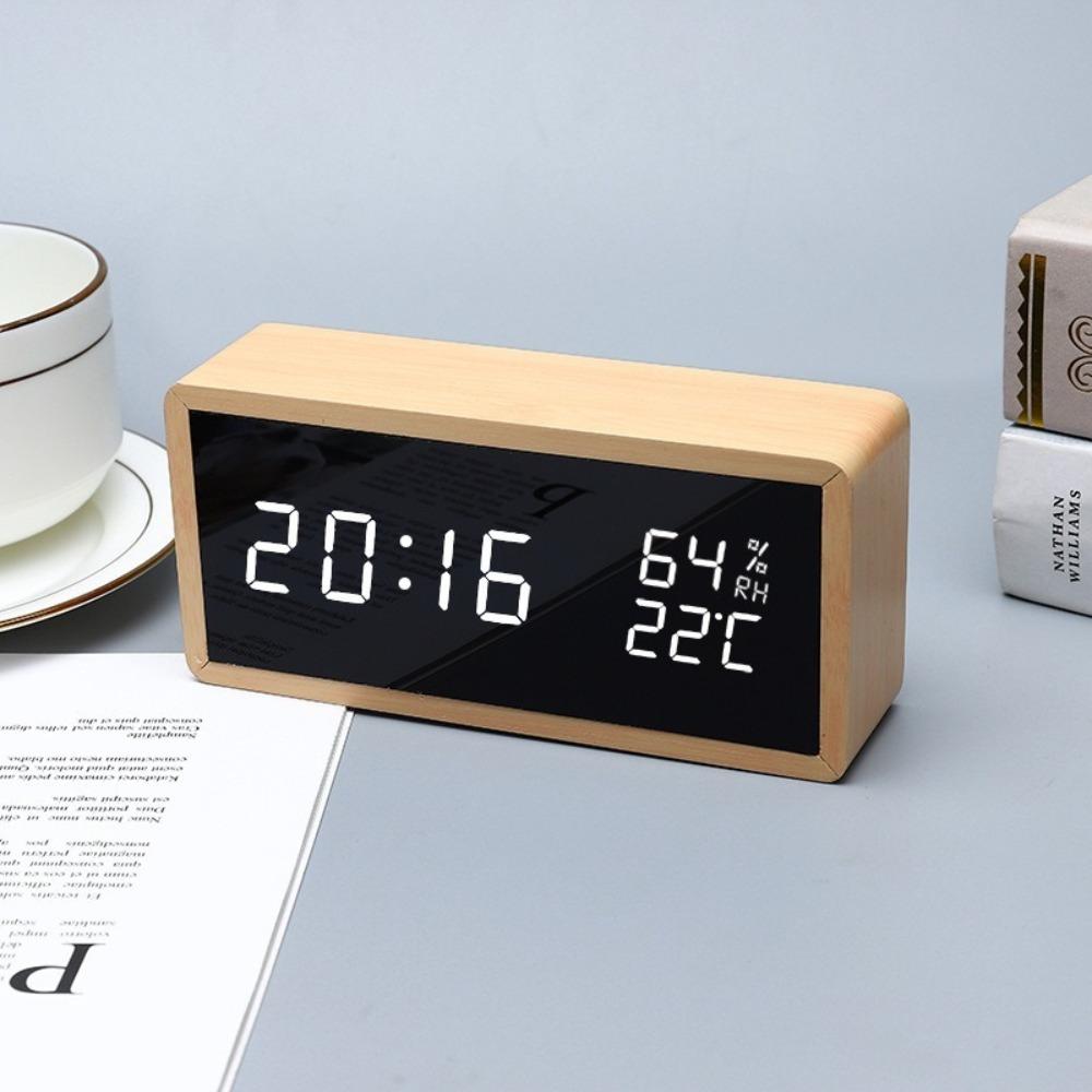 Bamboo Wooden Alarm Clock LED Display With Mirror Temperature Digital Watch Desktop Digital Table Home Decor Alarm Clocks