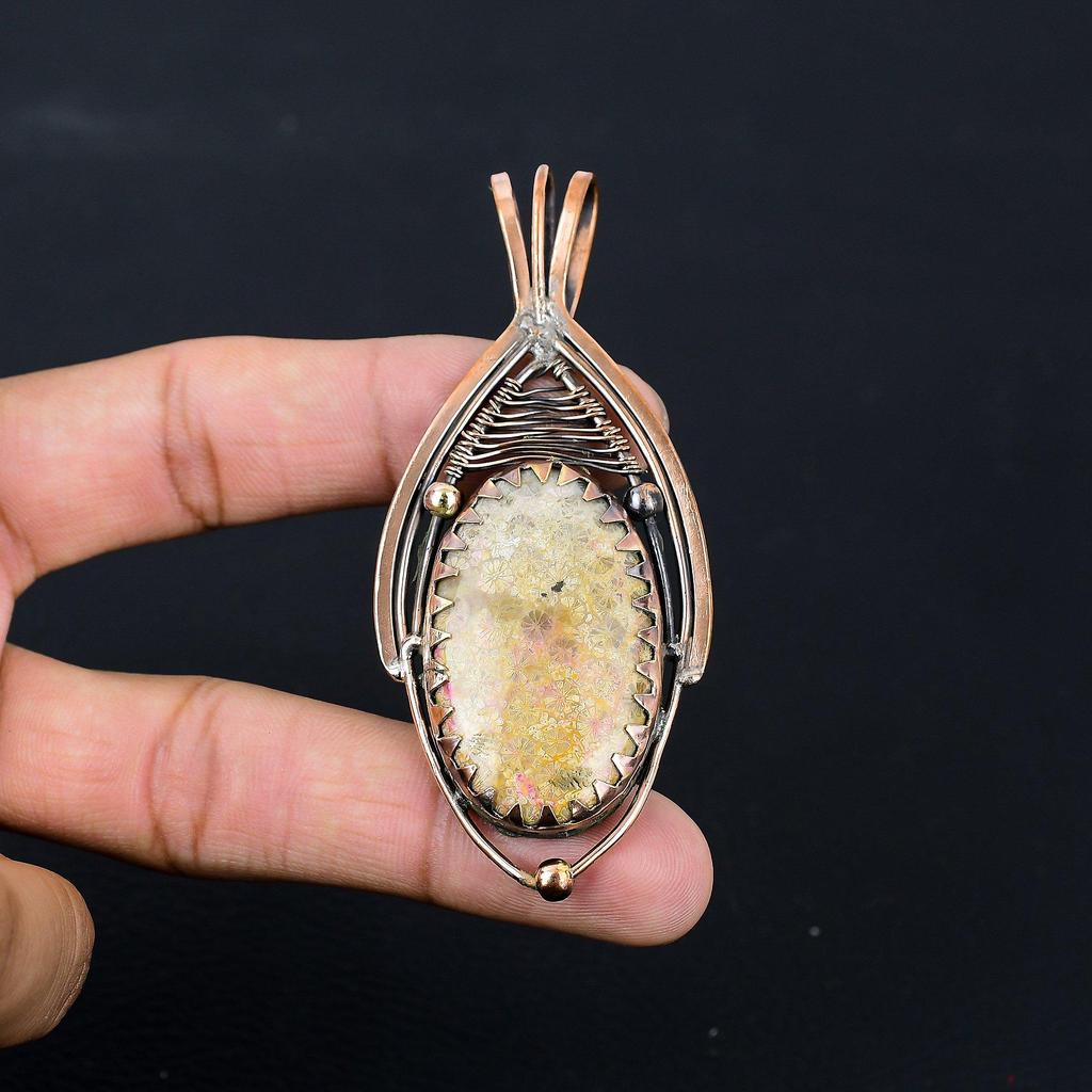 Elegant Fossil Coral Gemstone Pure Copper Wire Wrapped Handmade Pendant Jewelry