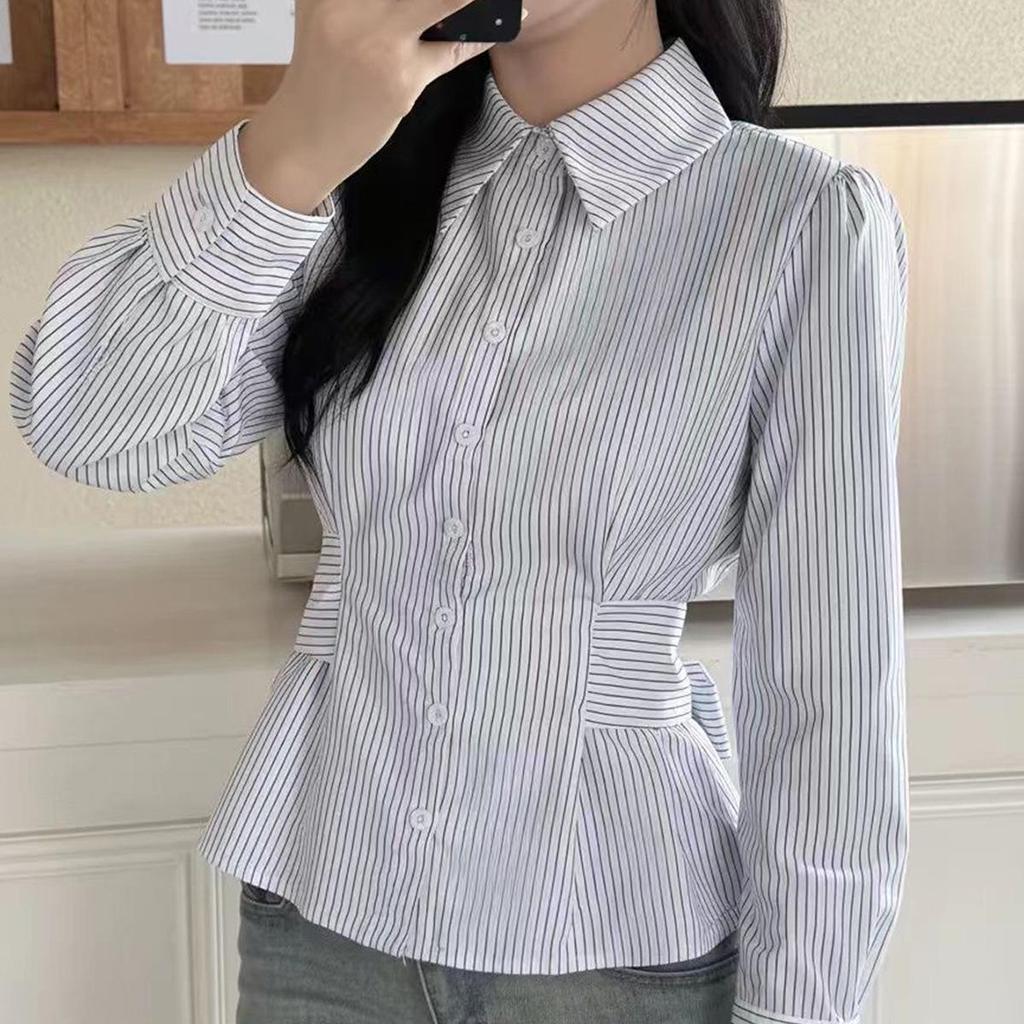 Kai Kuo European-American Style Y2K Waist-Cinching Striped Shirt for Women - New 2025 Autumn/Winter Collection