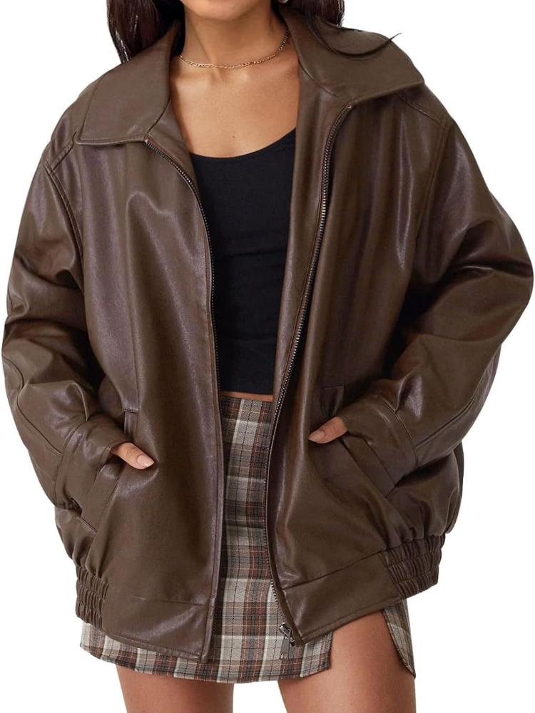 Women's Oversized Motorcycle Leather Jacket Autumn and Winter Fashionable Loose Long Sleeved Motorcycle Jacket