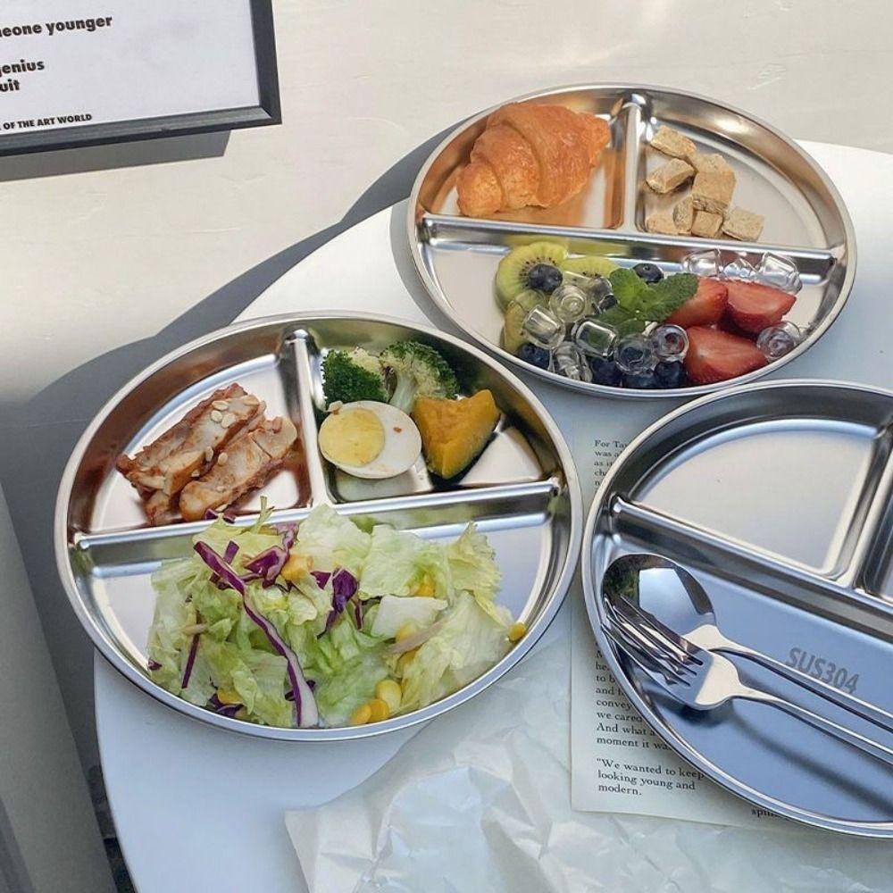 304 Stainless Steel Divided Plates 9" Inch Food Trays Salad Barbecue Plate  for Adults Kids