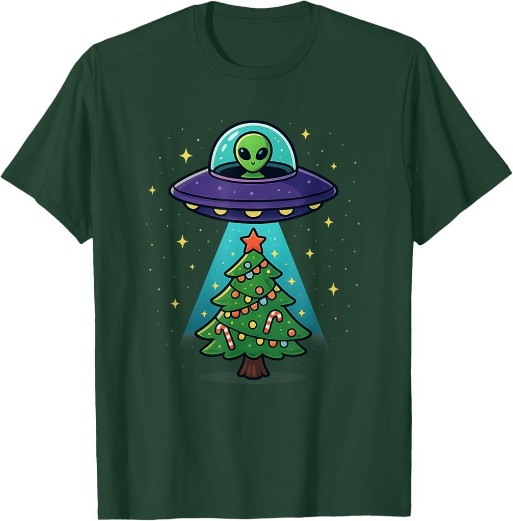 Alien UFO Abduction Christmas Tree Graphic Tee Funny Holiday Casual Cotton T-Shirt