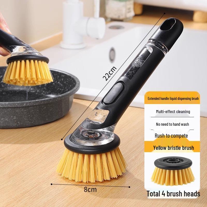 Long Handle Dishwashing Brush with Automatic Liquid Dispensing, Sponge, and Steel Wire for Pot Cleaning