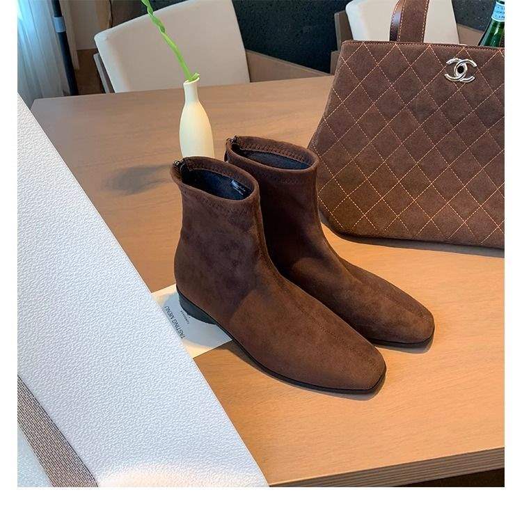 Botines de Tobillo Pequeños de Tacón Grueso Punta Cuadrada Botas Martin de Mujer Versátiles Botas Ajustadas de Ante Otoño e Invierno Coreanas Botines Chelsea Cortos Botas Individuales