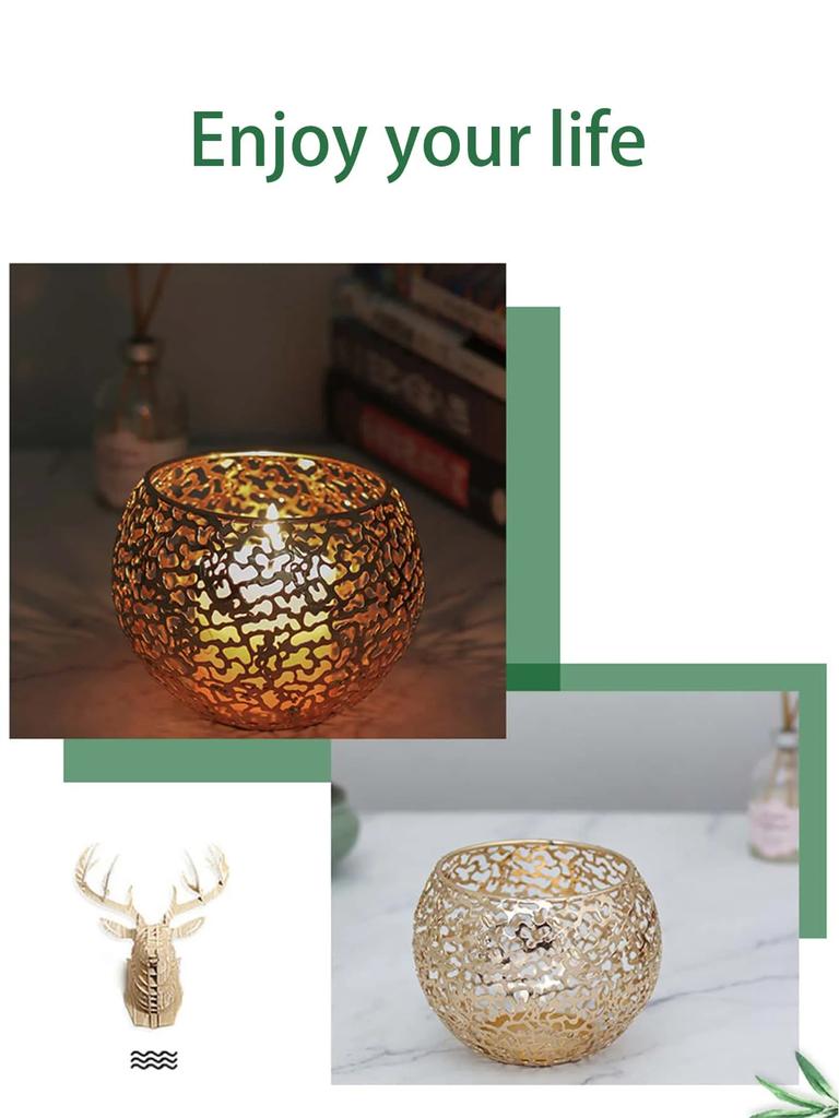 Leeseph Gold Metal Candle Holders Vintage Hollow-Out Candlestick Decor Votive Candle Holders Tealight Desktop Candle Holder