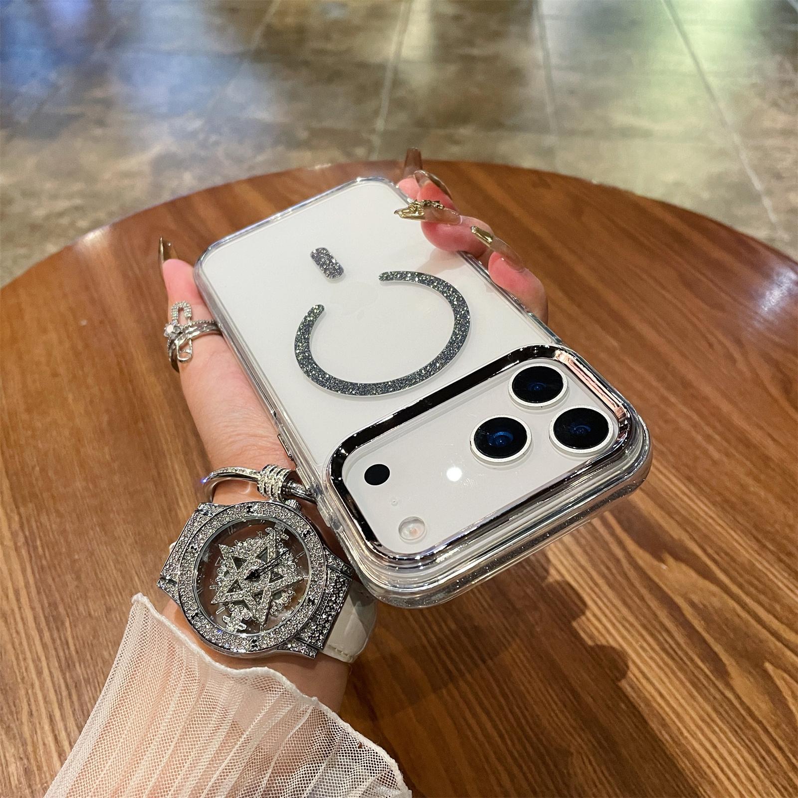 For iPhone 17 Pro Max Magnetic Case Glitter Edge TPU + PC Clear Back Phone Cover Compatible with MagSafe