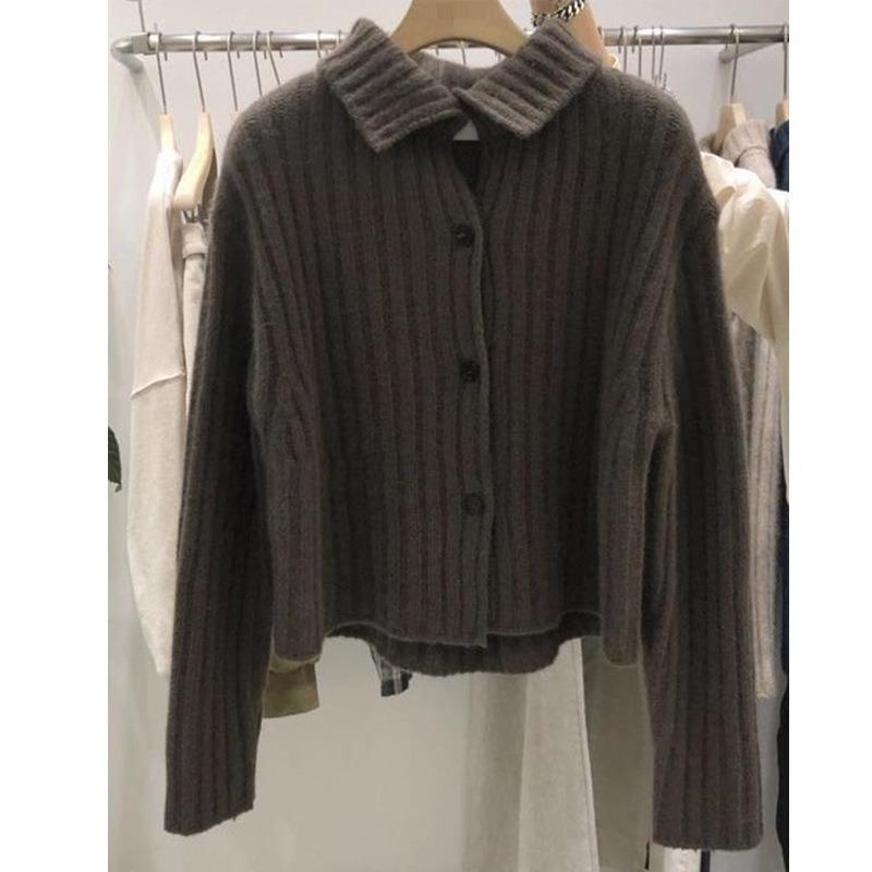 Gray short vertical striped collar wool knitted cardigan autumn and winter new sweater jacket women's clothing