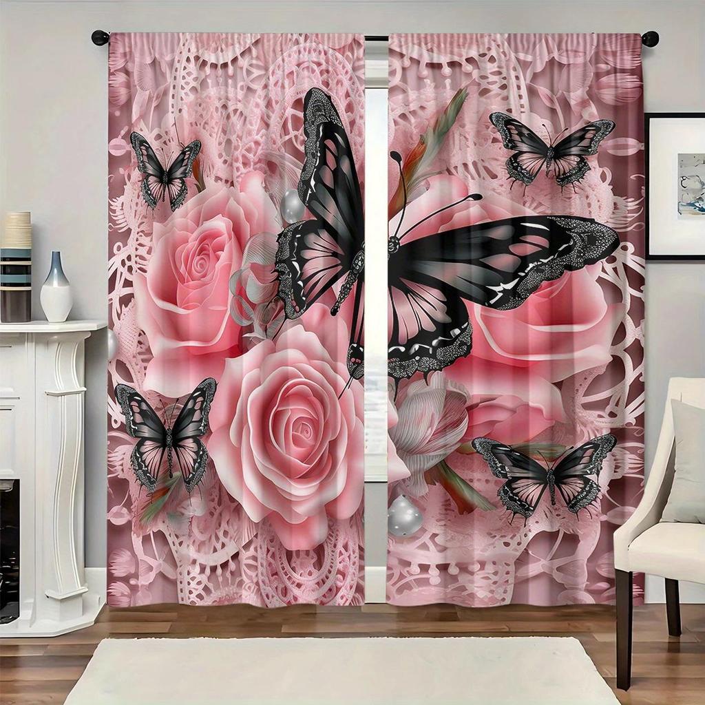 2 Pieces of Pink Floral Butterfly Printed Curtains, Pole Bag Bedroom and Living Room, Home Decoration, Room Decoration