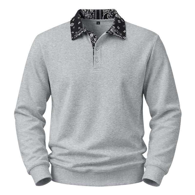 Mens Paisley Pattern Fleece Long Sleeve Polo Shirt American High Street Style