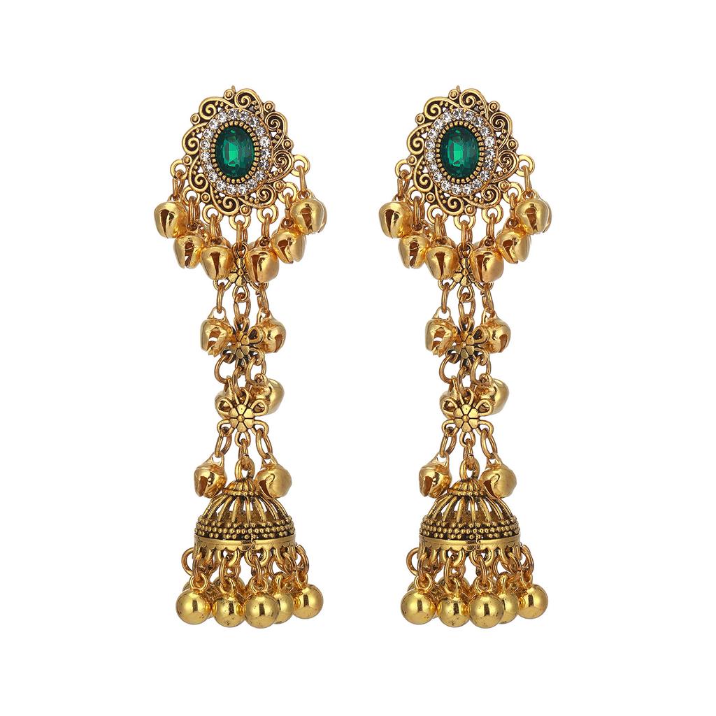 Ethnic style colored diamond-set flower fringed earrings women's retro bohemian earrings European and American exaggerated earrings