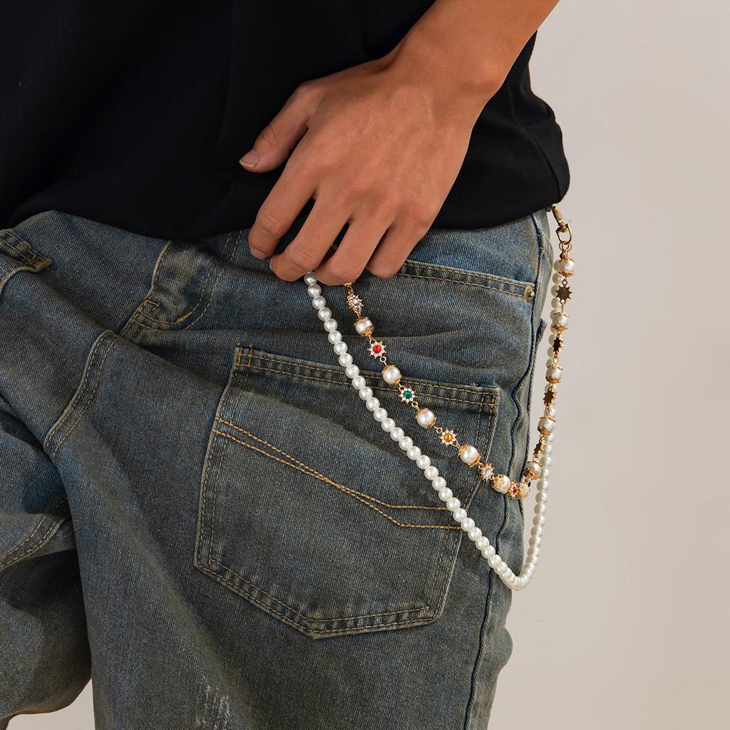 Elegant Rhinestones Flower Pearls Chain Enhances Jeans Fashion Statement Pieces for Trendy Women Ladies Casual Wear