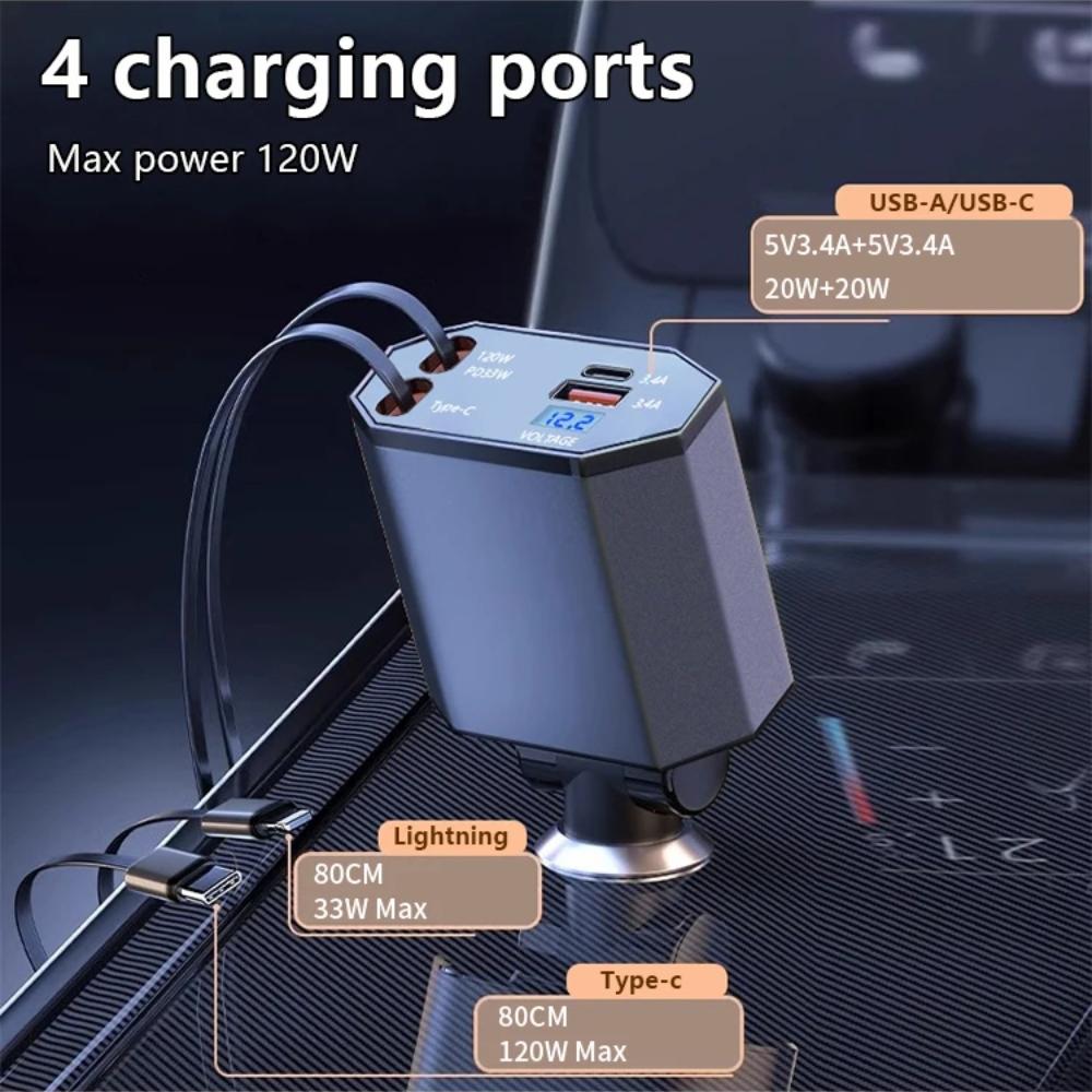 120W 4 in 1Retractable Super Fast Car Charger PD Qc3.0 USB C Cable for iPhone Huawei Samsung  Fast Charge Cord Adapter