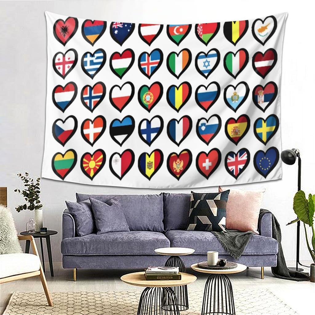 Eurovision Song Contest Flaggen Herzen Wandteppich Dekoration Kunst Ästhetische Wandteppiche für Schlafzimmer Zuhause Wandtuch Wandbehang