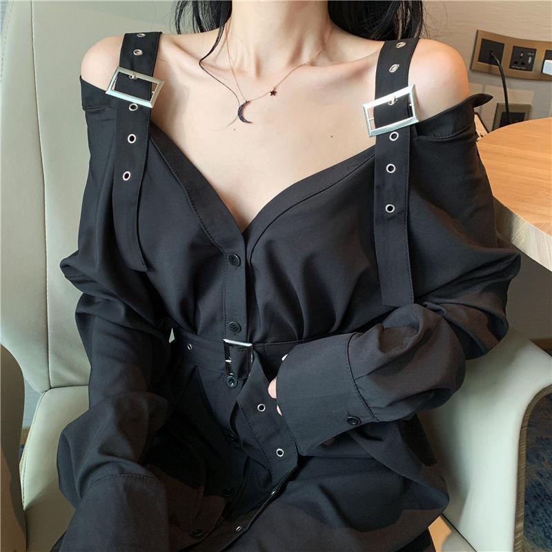 Rochie Gotică Neagră Cămașă Sexy Rochii Mini cu Curea Vară Punk Mânecă Lungă Bretea Umeri Goi Haine Femei Petrecere Vestidos