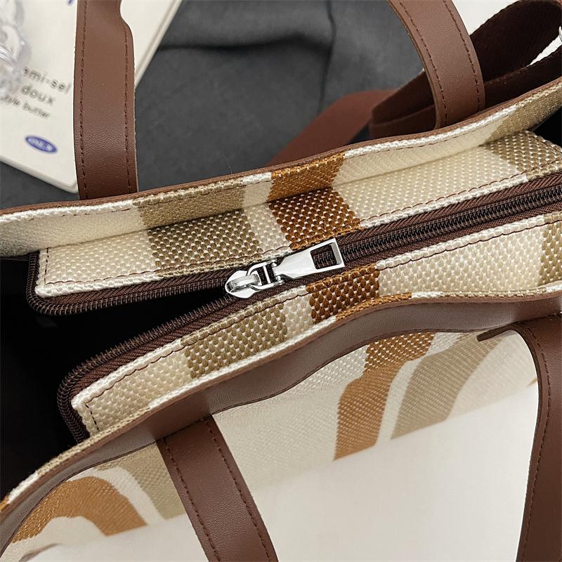 Large Capacity Canvas Bag Hand Carrying Student Class Crossbody Bag Striped Contrast Tote Bag