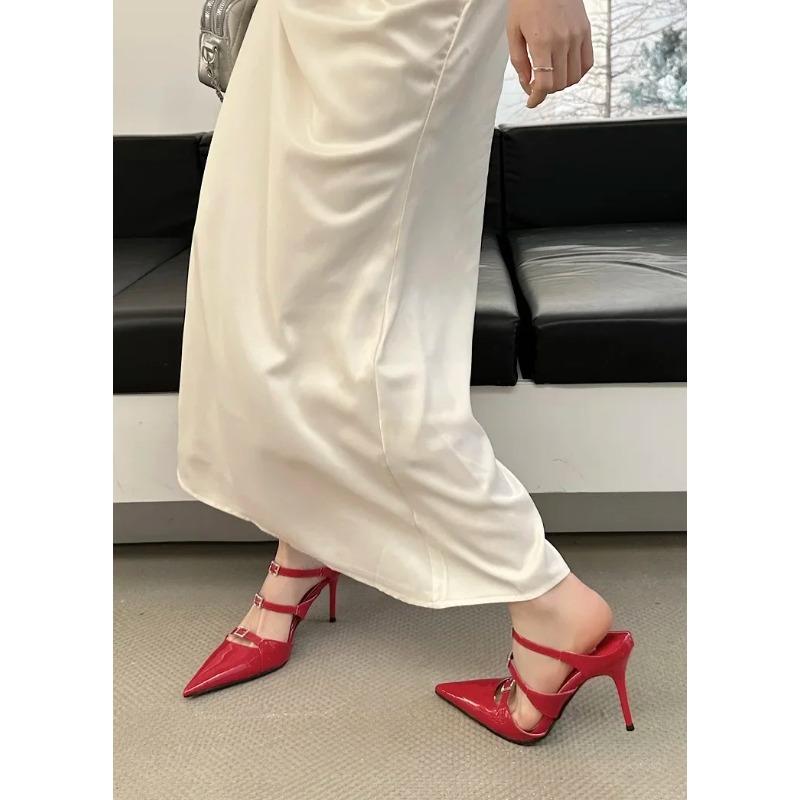 Pesstwei Designer Sexy Patent Leather Pointed Toe Slippers Women Pumps Sandals Narrow Band Thin Heel Slingback Mules Shoes Size 40