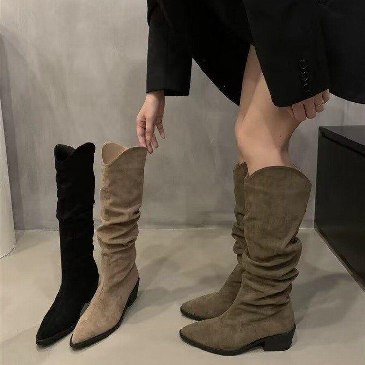 High Boots Women's Boots Stacking Boots Cowboy Boots Summer and Autumn New French Retro Brown Small Boots