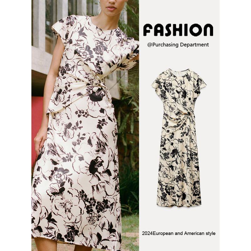 Za2025 Spring New Women's Clothing Elegant Silk Satin Texture Print Short Sleeve Round Neck Midi Skirt Dress 2328651