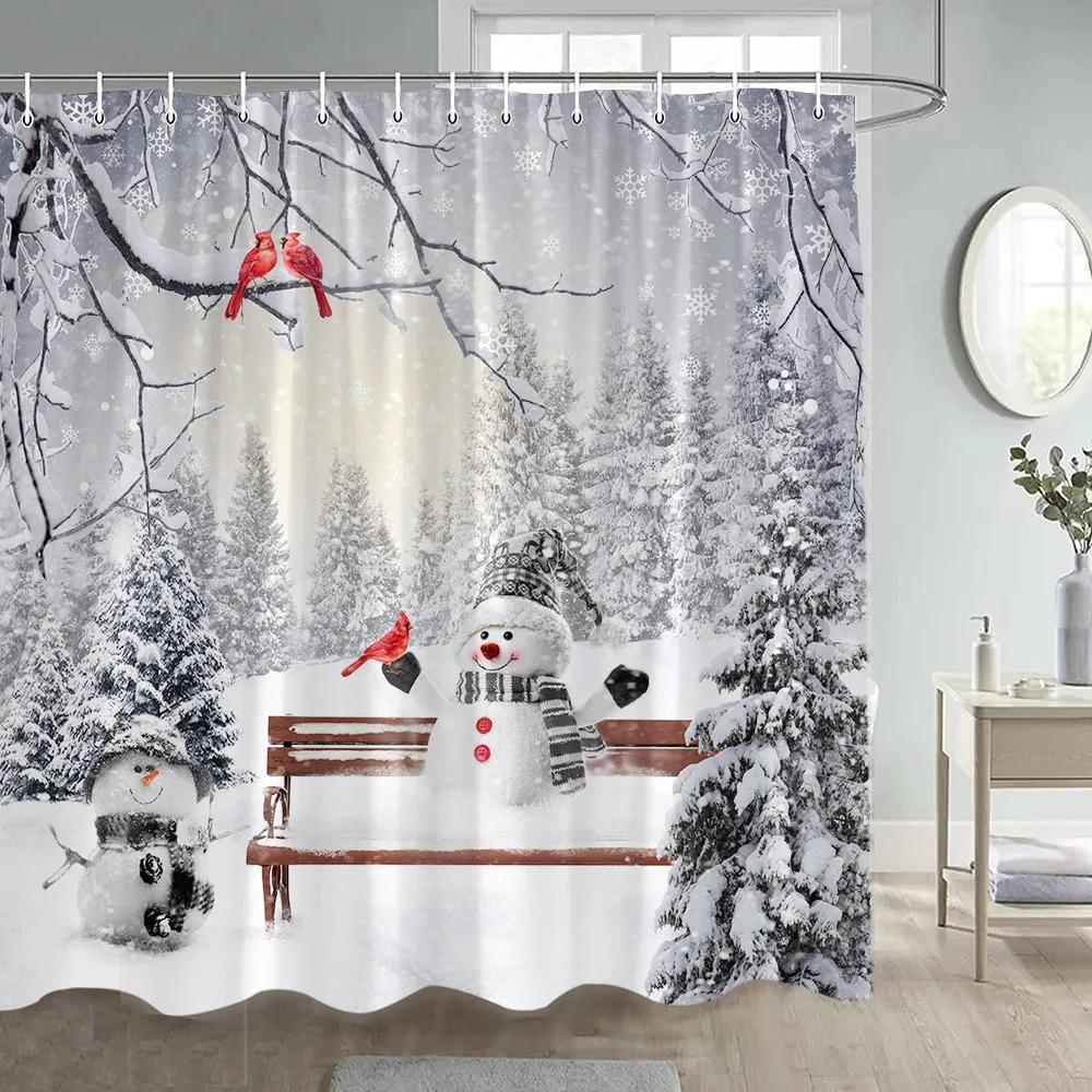 Zima Vánoce Sprchový závěs Legrační sněhulák Xmas Trees Krbové auto Lesní Snowy Scéna Nový rok Holiday Home Dekorace koupelny