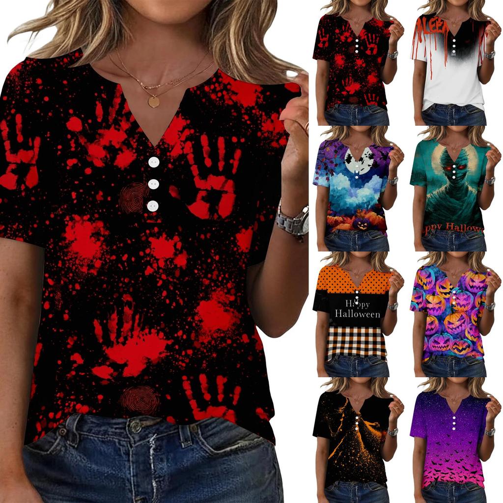 Women's Casual V Neck Short Sleeve Button Front T Shirt Halloween Themed Graphic Print Top Lightweight Comfortable Fit