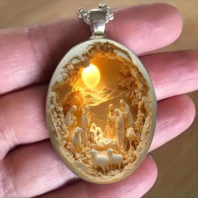Colier Cameo cu Iisus Design Sculptat Vintage Colier Scenă a Nașterii Bijuterii Religioase de Credință pentru Femei Bărbați