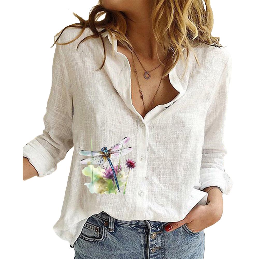

Women Fashion Cotton Linen Shirt Summer&fall Long Sleeve Top Ladies Printed Blouses S білий