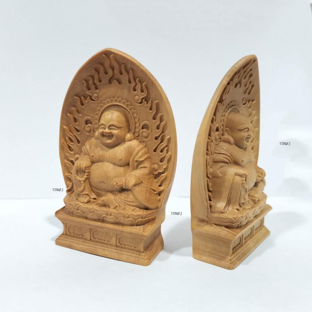 Mini Hotei Buddha Statue, Seven Lucky Gods Figurine, Premium Boxwood Wood Carving (7cm H x 4.5cm W x 2cm D)
