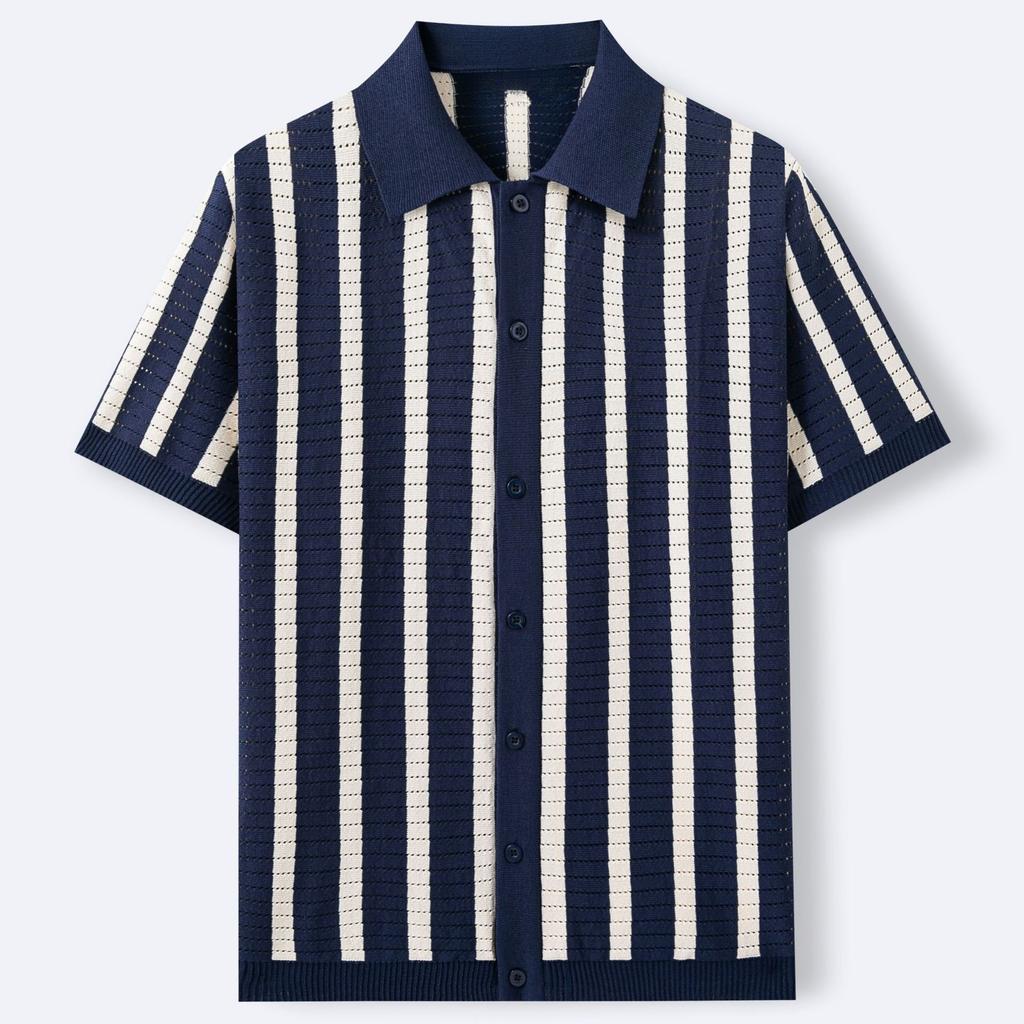 Men's Knit Short Sleeve Shirt Casual Button Down Shirt Vintage Knitted Golf Beach Collared Shirts Tops Crochet Hollow Out Summer Vacation Top for Men