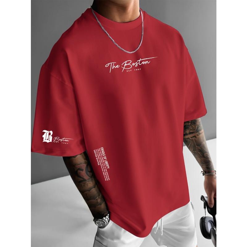 ETST46 Zomer Nieuw Mannen Casual Los Kort Gebreid Rond Hals T-shirt Boston 1997 Bedrukt Patroon Buiten Fitness Polyester Vezel Top 6XL