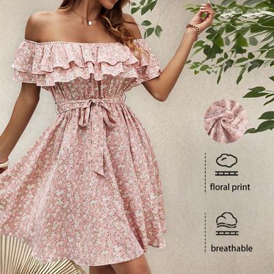 Vestido de Verano para Mujer de un Hombro Negro con Estampado de Borde de Oreja de Talle Alto