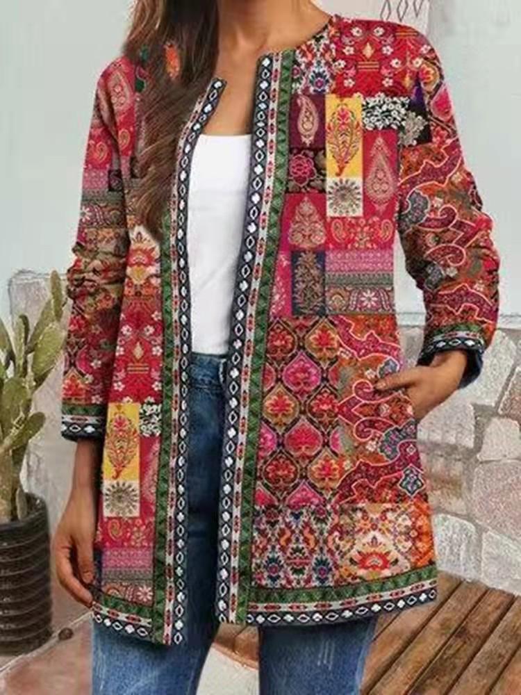 Women's Crew Neck Long Sleeve Cardigan Oversized Vintage Ethnic Print Plus Size Open Front Jacket Casual Outerwear