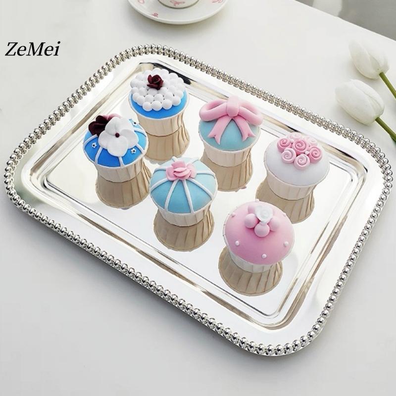 European Style Square Shape Fruit Plate,36 cm Pearl Dot Silver Metal Cake Plate Home Food Tray, Snack Disc Table Decoration