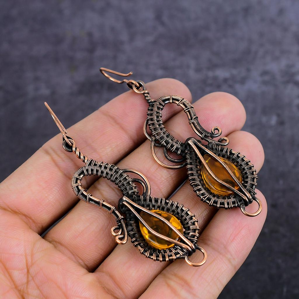 Natural Citrine Gemstone Handmade Copper Wire Wrap Jewelry Earring 3.15" W8b30