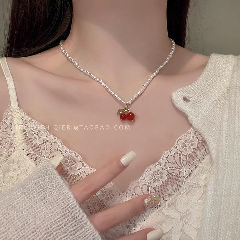 Premium Niche Light Luxury Pearl Cherry Beaded Collarbone Chain Sweet Cool Temperament Women Summer Accessory
