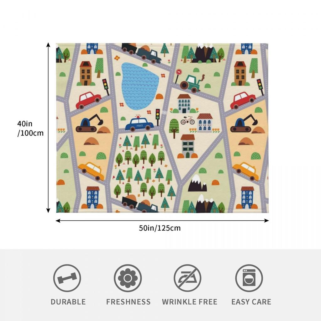kids seamless, all over road print with cars, trees, trains, lakes Throw Blanket Machine Washable Soft Warm Blanket