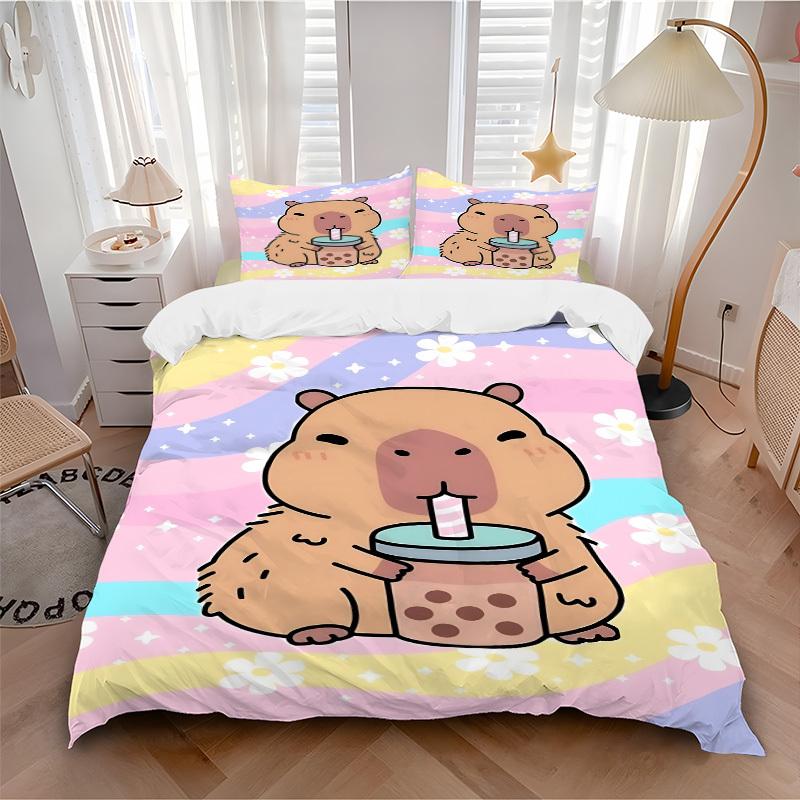 3PCs Bubble Tea, Cute Capybara Design Cover Set, Breathable Fabric, Machine Washable (1 Duvet Cover + 2 Pillowcases) (Without Quilt) yy250911144