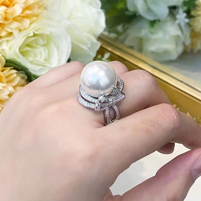 Elegant Bow-Tie White Pearl Ring with Diamonds - Retro Court Style for Women Adjustable Open Size