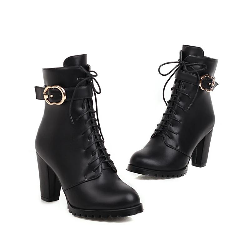 Lace-up Ankle Boots For Women Short Shoes Fashion Buckle High Heels Yellow Black Autumn Winter Women's Ankle Boots Large Size 45