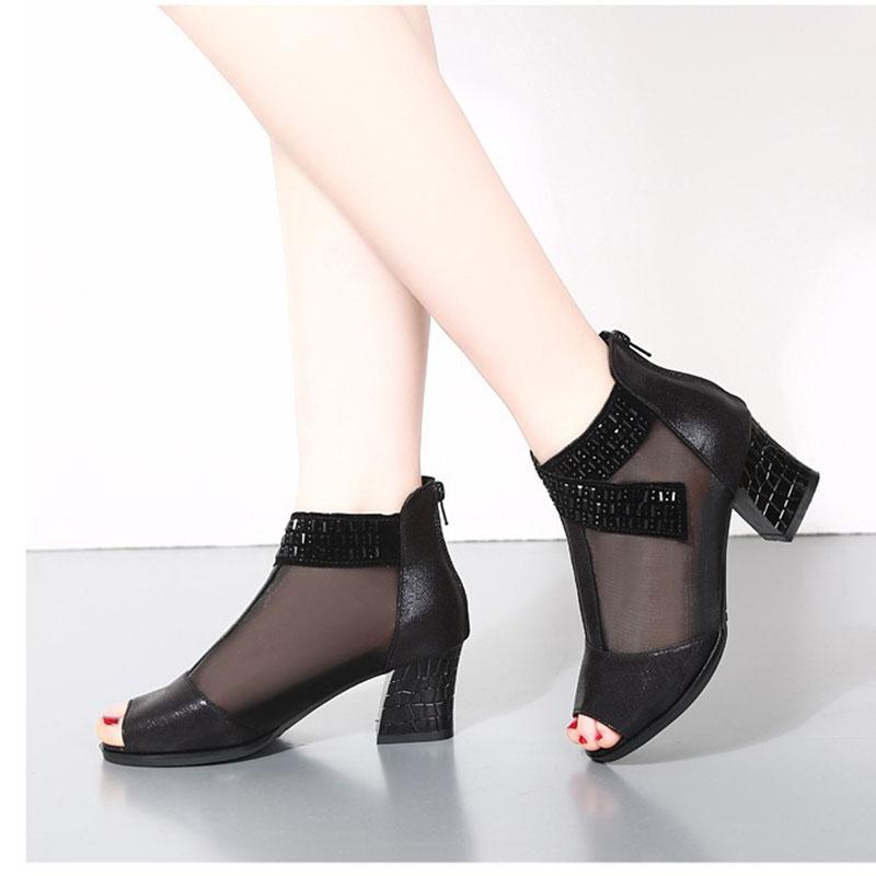 Gold Mesh Peep Toed Jazz Boots Modern Dance Shoes High Top Soft Soled Women's Sandals Middle Heel Social Dance Shoes Outdoor