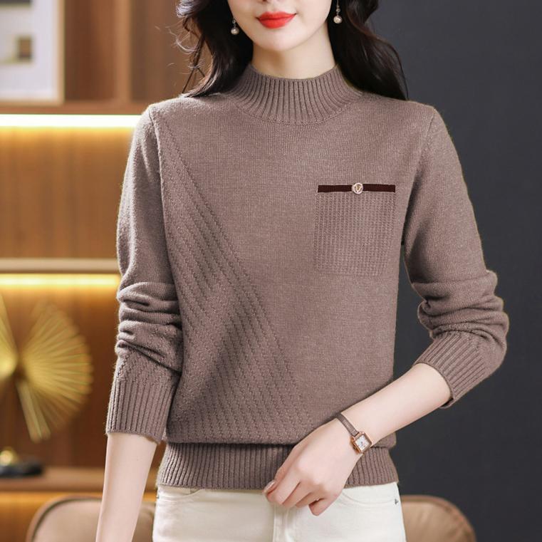 Sweater Women's Solid Color Semi High Neck Knitted Sweater Spring and Autumn Long Sleeved Casual Pullover