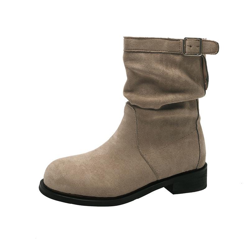 Retro simple and thin Martin boots for women's new autumn and winter niche versatile pleated short low-heeled boots piled up for women