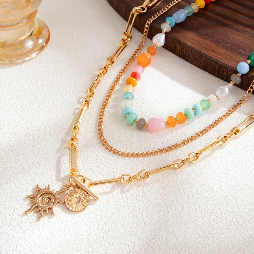 Vintage Gold Color Sun Flower Pendant Necklace Women Geometric Imitation Pearl Resin Glass Beaded Choker Jewelry