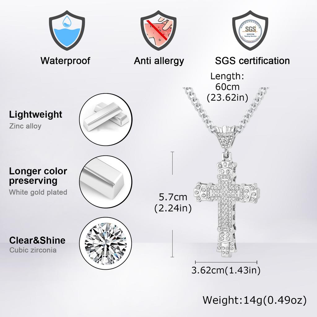 Hiphop Rhinestone Cross Necklace for Men Boys,Punk Rap Street Cool Cross Metal Pendant Necklace,Birthday Gift for Husband Dad