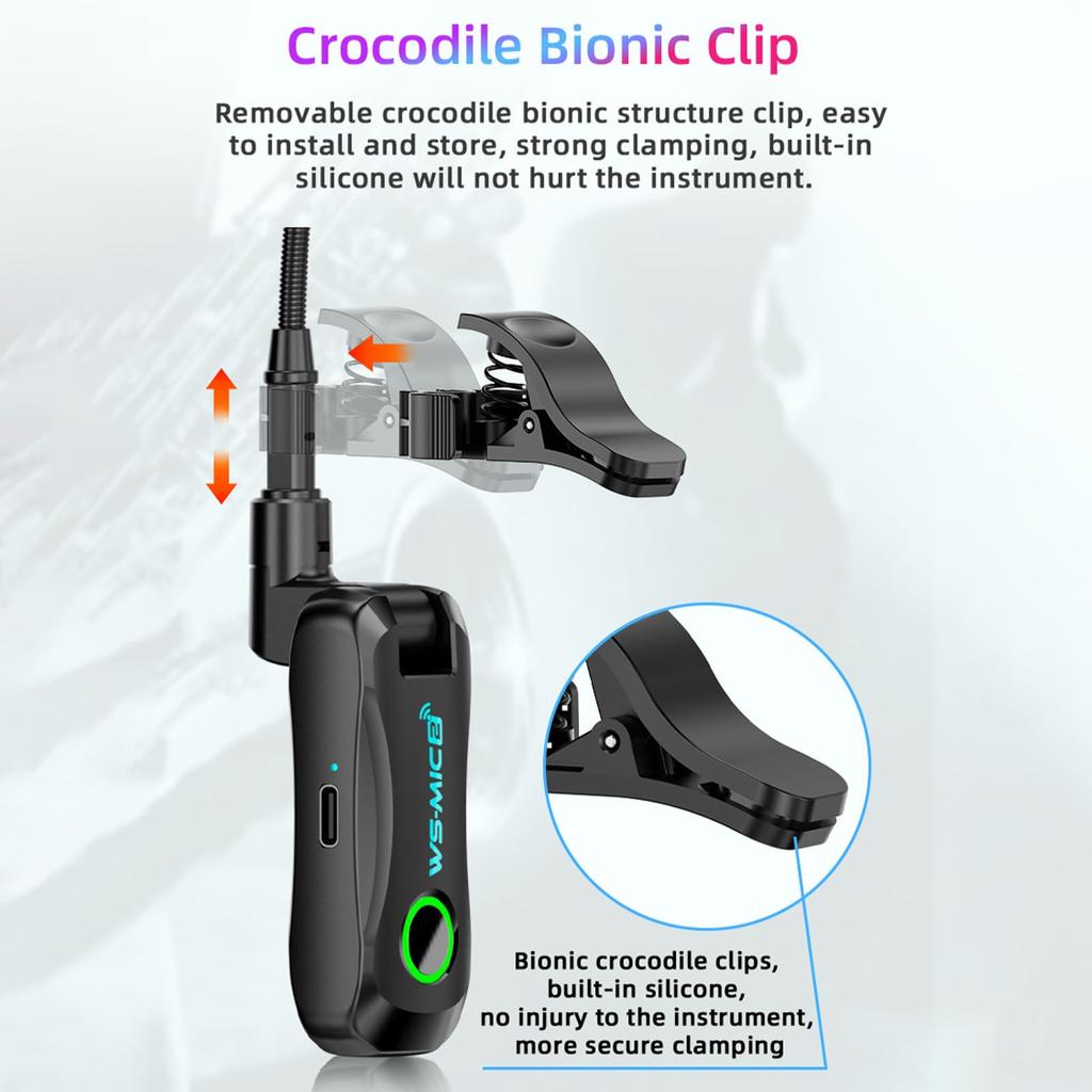 Snsowed Wireless Saxophone Microphone HD Sound Lossless Capture 360-Degree Adjustable Clip Rechargeable for Saxophone Flute Clarinet Performance
