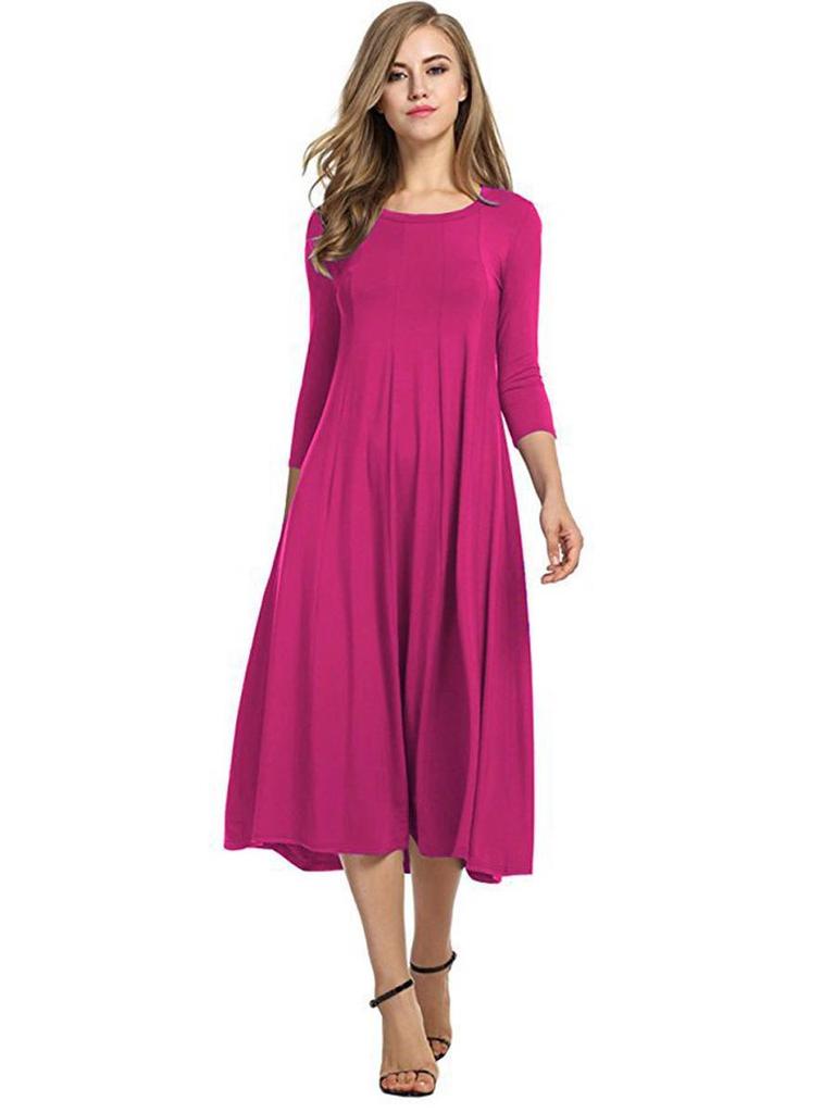 2024 Damen Sommer Mode Rundhals Mittellange Ärmel Einfarbig Großes Schwingkleid