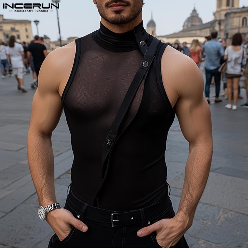 INCERUN Summer Men High Neck Sleeveless Patchwork See Through Mesh Sheer Party Tank Tops S
